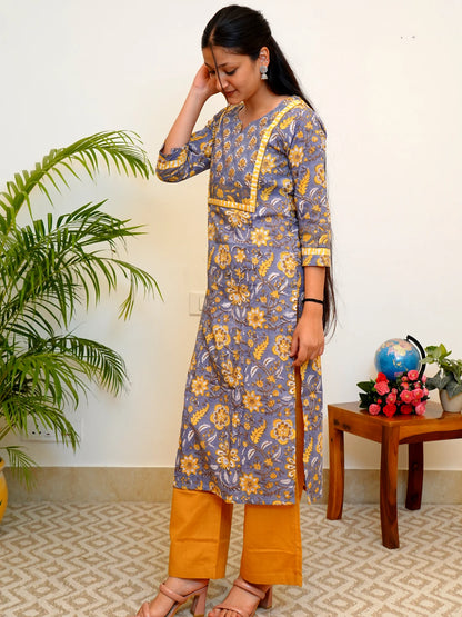 Grey and Yellow COTTON Yoke Kurta