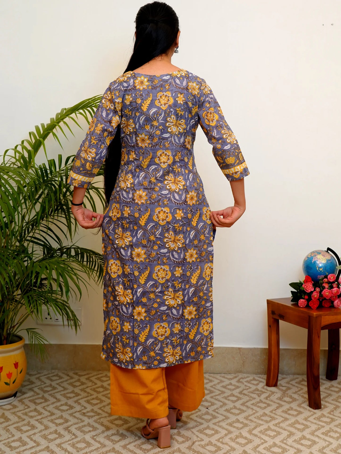 Grey and Yellow COTTON Yoke Kurta