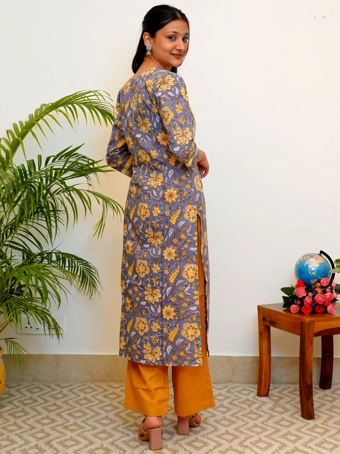 Grey and Yellow COTTON Yoke Kurta