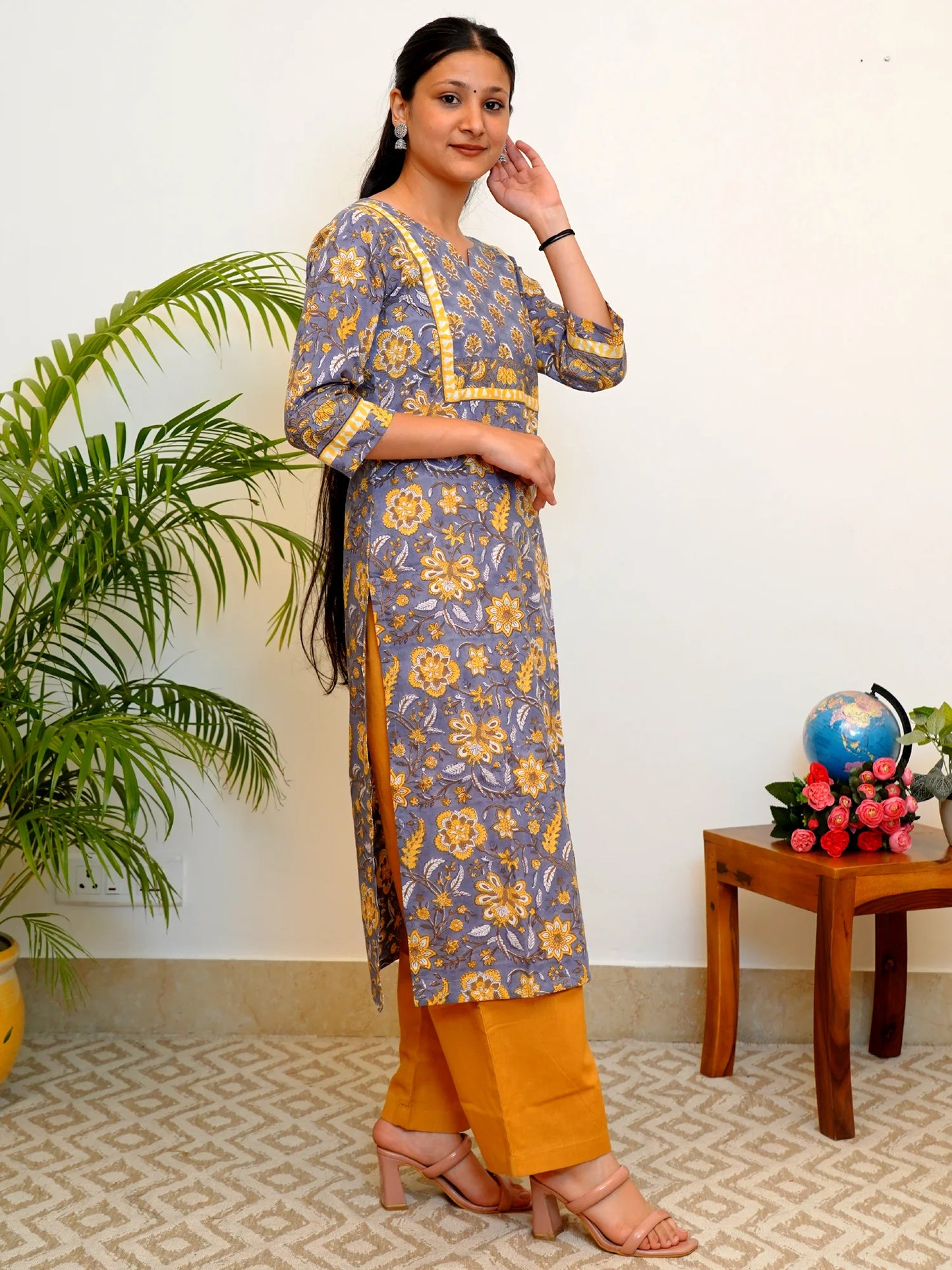 Grey and Yellow COTTON Yoke Kurta