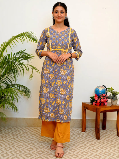 Grey and Yellow COTTON Yoke Kurta