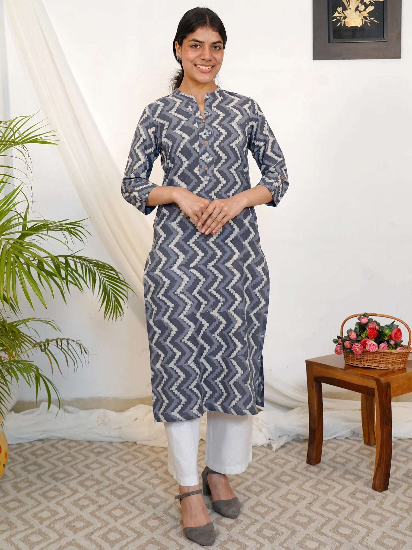 Grey Rhythm Block Printed COTTON Kurta