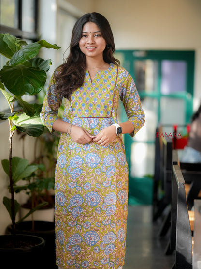 Honeydew Green Floral Block Printed COTTON Kurta