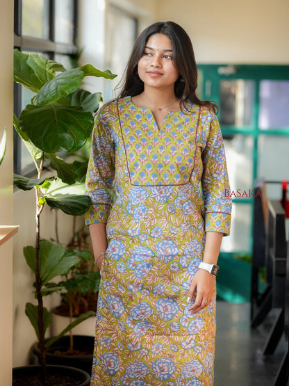 Honeydew Green Floral Block Printed COTTON Kurta