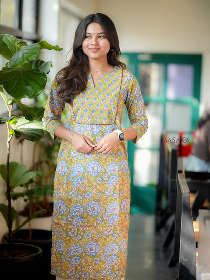 Honeydew Green Floral Block Printed COTTON Kurta