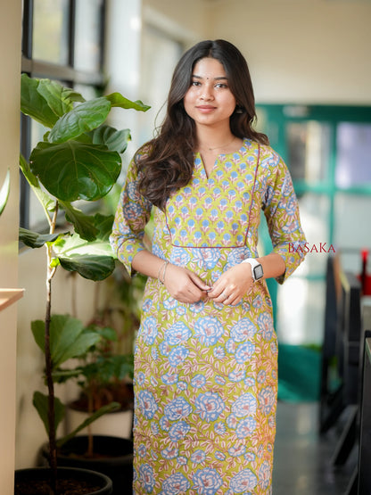 Honeydew Green Floral Block Printed COTTON Kurta