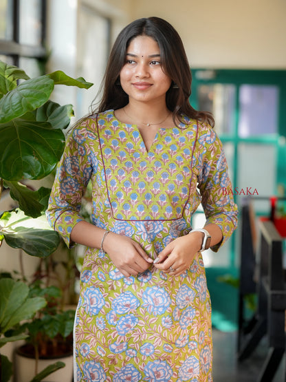 Honeydew Green Floral Block Printed COTTON Kurta
