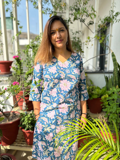 Honolulu Blue Floral Block Printed Cotton Kurta