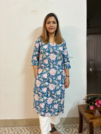 Honolulu Blue Floral Block Printed Cotton Kurta