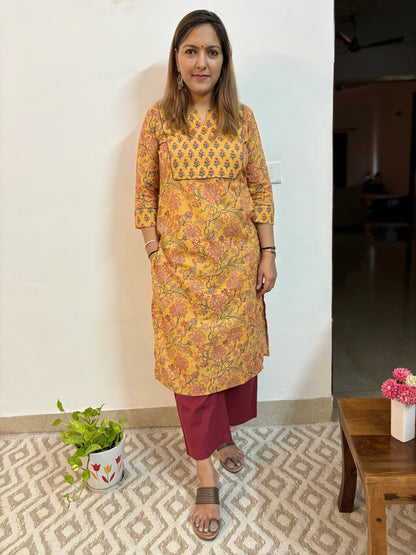 Mustard Floral Hand Block Printed Yoke Kurta