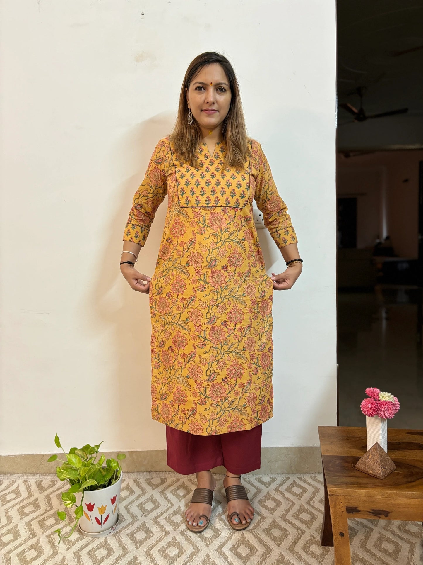 Mustard Floral Hand Block Printed Yoke Kurta