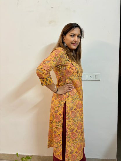 Mustard Floral Hand Block Printed Yoke Kurta