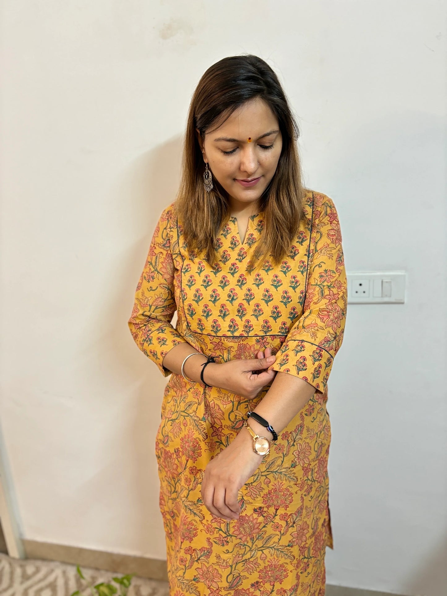 Mustard Floral Hand Block Printed Yoke Kurta