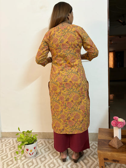 Mustard Floral Hand Block Printed Yoke Kurta