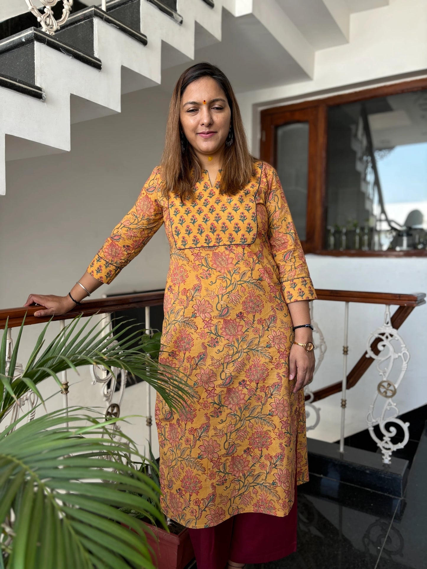 Mustard Floral Hand Block Printed Yoke Kurta