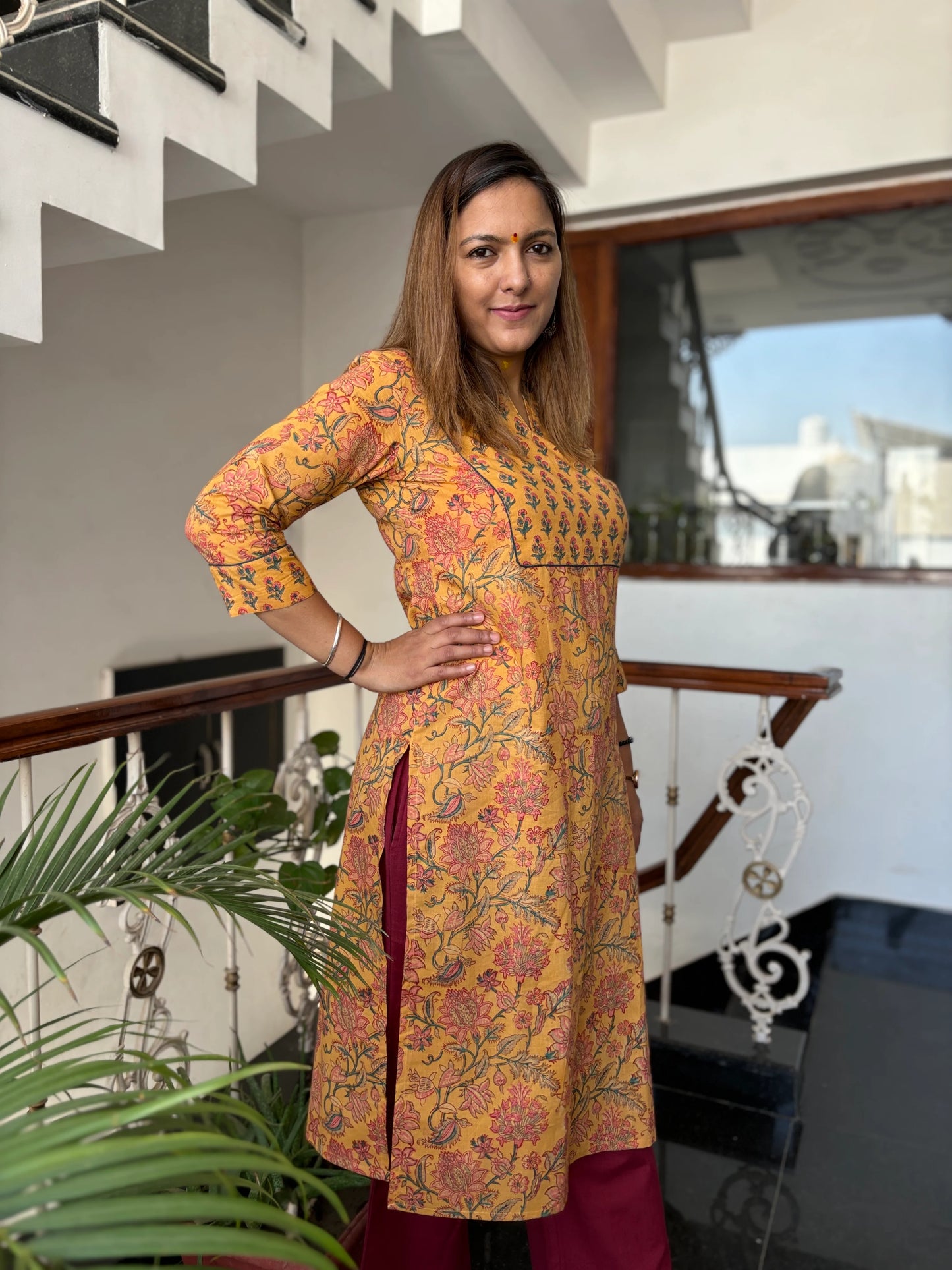 Mustard Floral Hand Block Printed Yoke Kurta