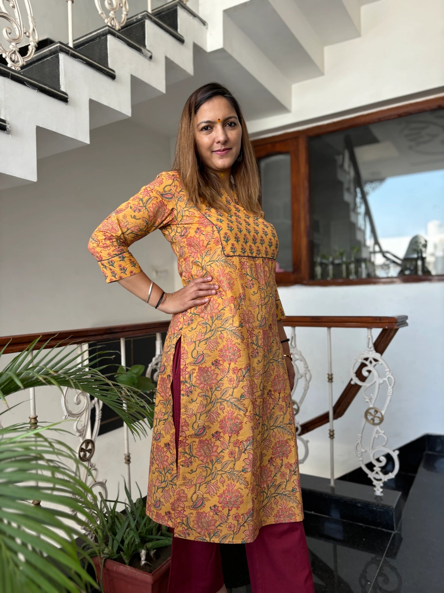 Mustard Floral Hand Block Printed Yoke Kurta