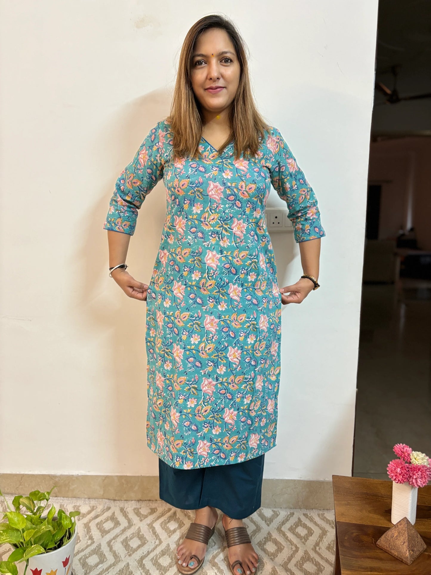 Light Sea Green Floral Block Printed Cotton Kurta