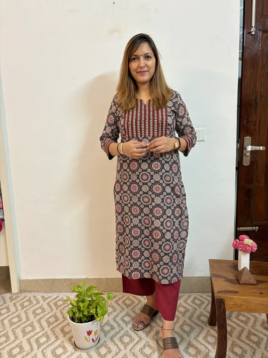 Ajrakh Black and Maroon Striped Yoke Kurta