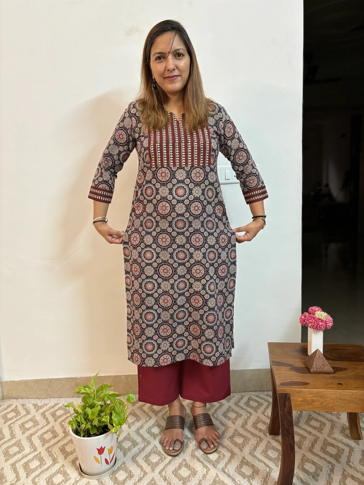 Ajrakh Black and Maroon Striped Yoke Kurta