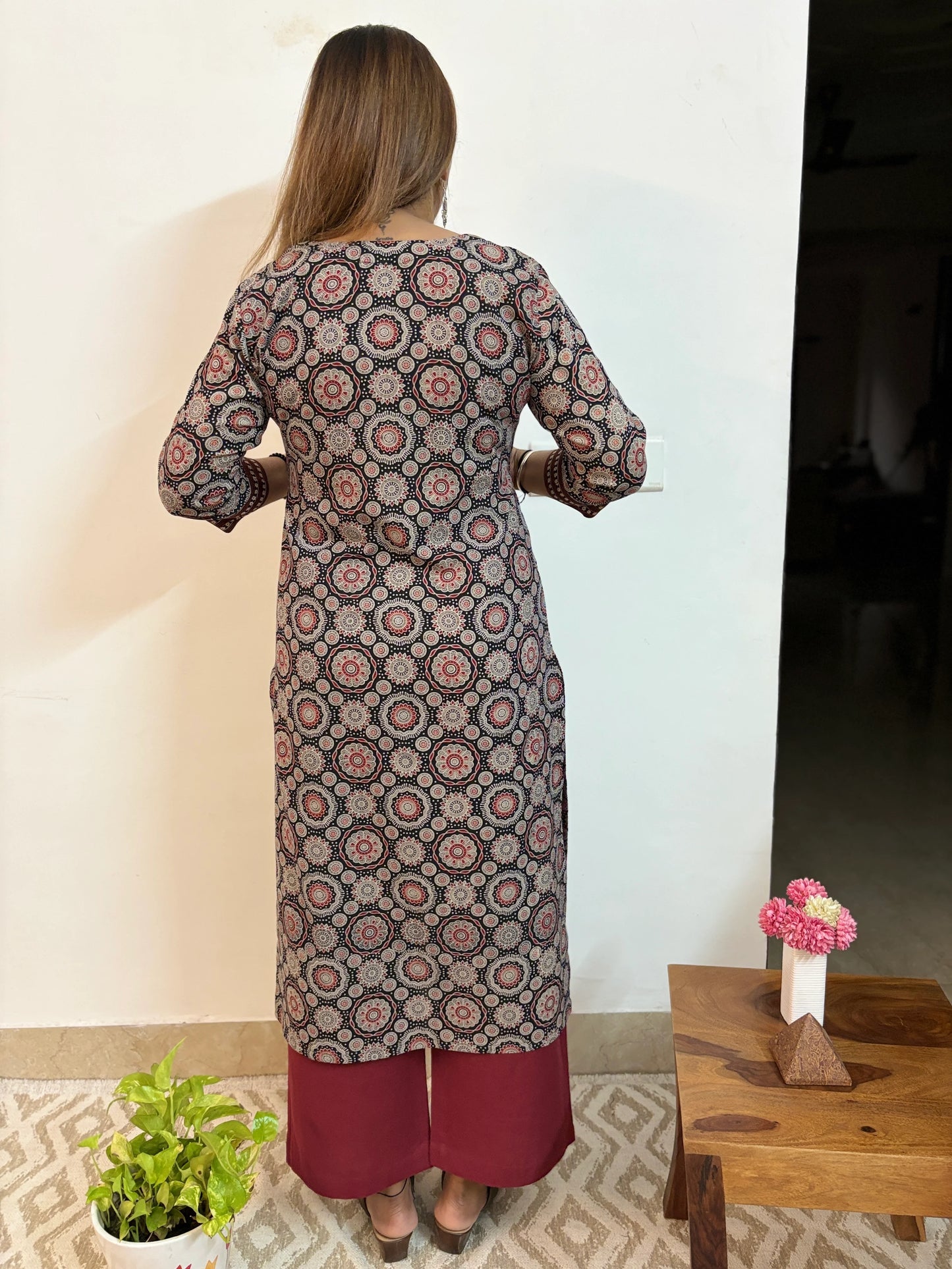 Ajrakh Black and Maroon Striped Yoke Kurta