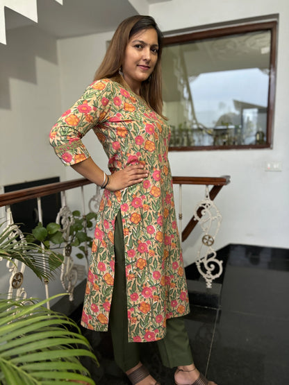 Beige and Peach Floral Straight Kurta