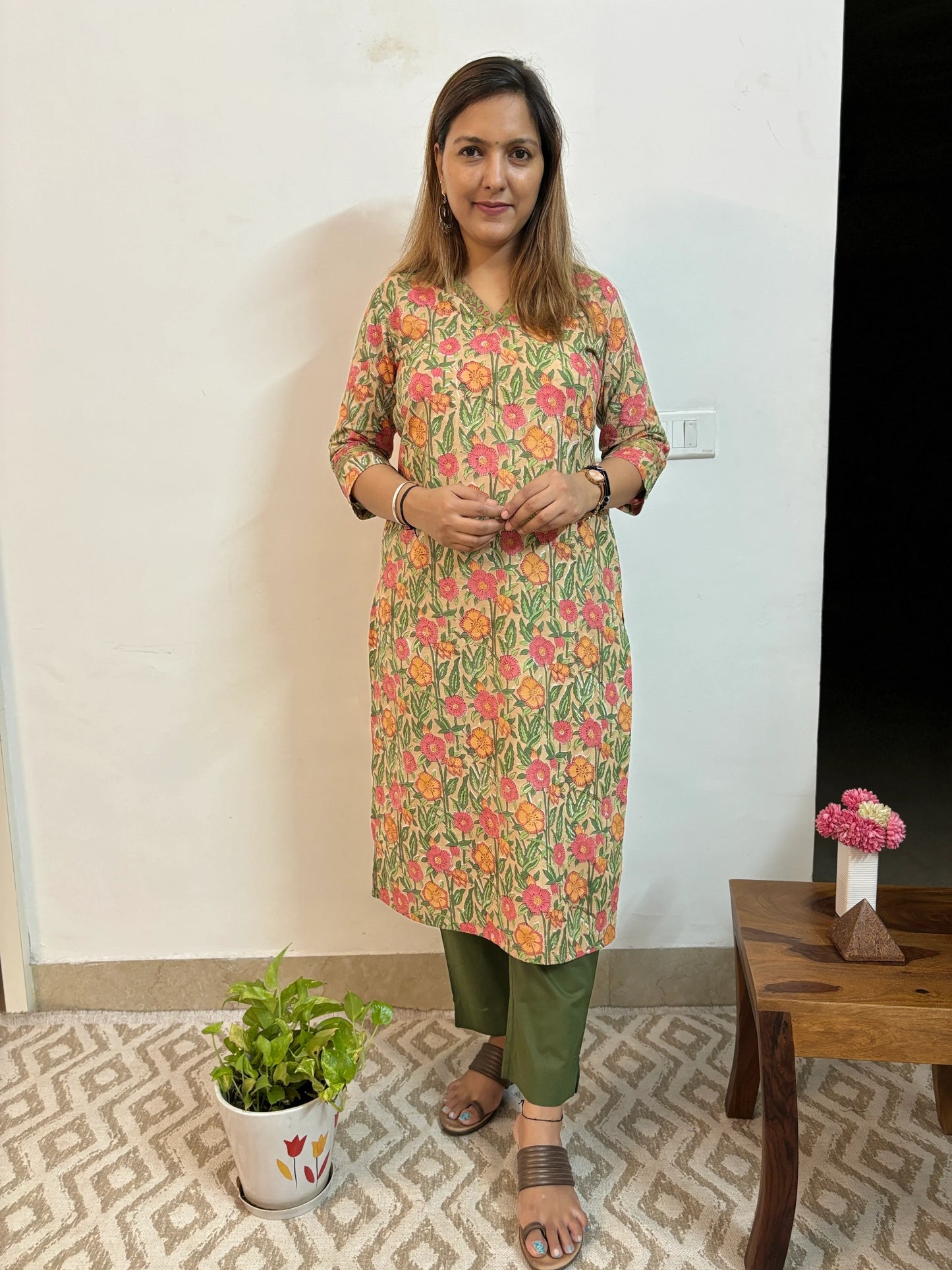 Beige and Peach Floral Straight Kurta