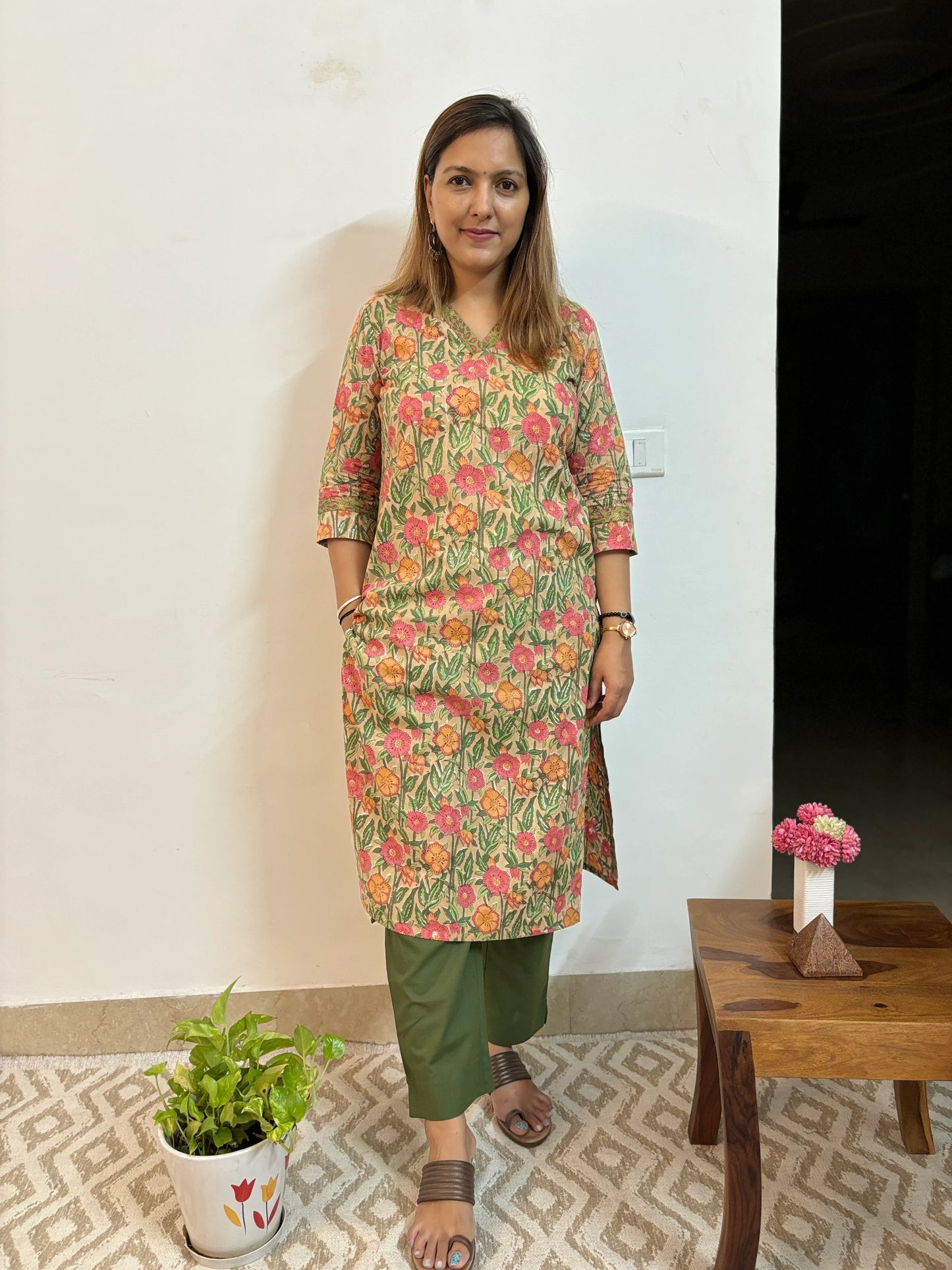 Beige and Peach Floral Straight Kurta