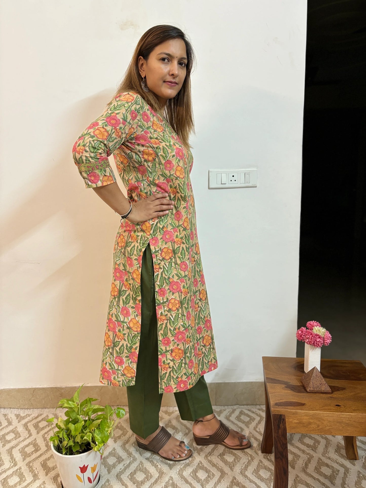 Beige and Peach Floral Straight Kurta