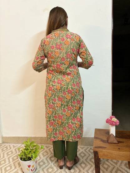 Beige and Peach Floral Straight Kurta