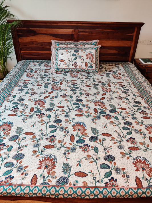 Aaliyah Blue Mughal COTTON Bedsheet with two pillow covers