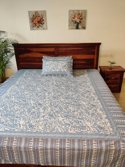 Aaliyah Sky Blue Floral COTTON Bedsheet with Two Reversible Pillow Covers