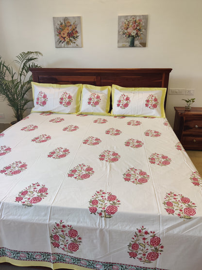 Premium Hand Block Printed Rose Floral COTTON Bedsheet with Reversible (2 Pillow+1 Cushion) Covers