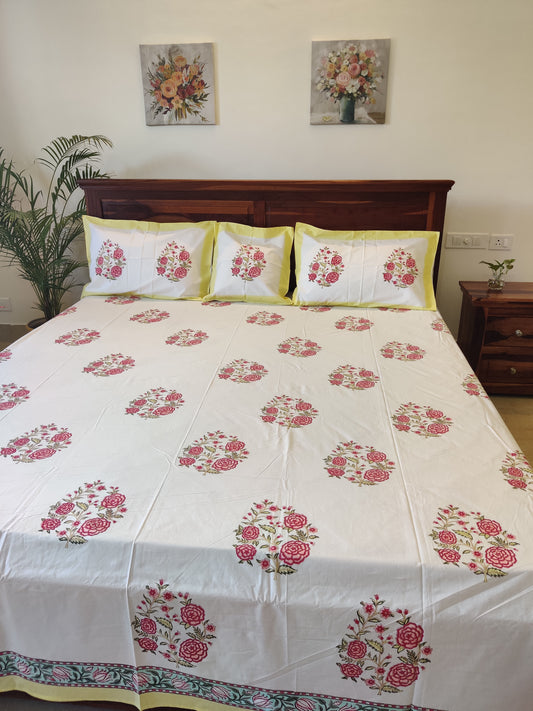 Premium Hand Block Printed Rose Floral COTTON Bedsheet with Reversible (2 Pillow+1 Cushion) Covers