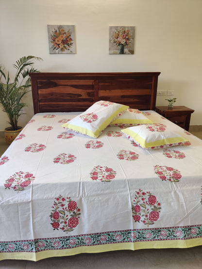 Premium Hand Block Printed Rose Floral COTTON Bedsheet with Reversible (2 Pillow+1 Cushion) Covers