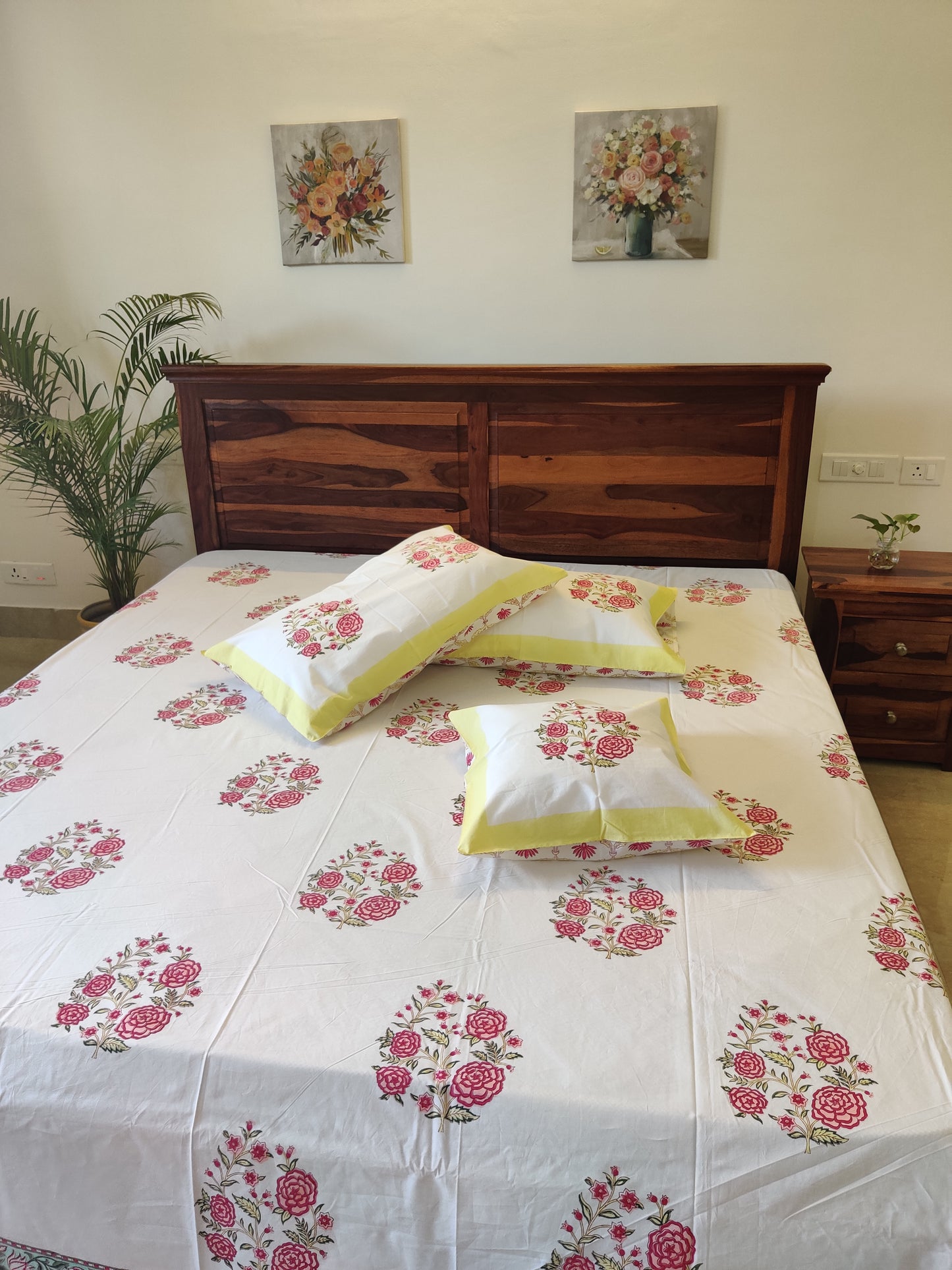 Premium Hand Block Printed Rose Floral COTTON Bedsheet with Reversible (2 Pillow+1 Cushion) Covers