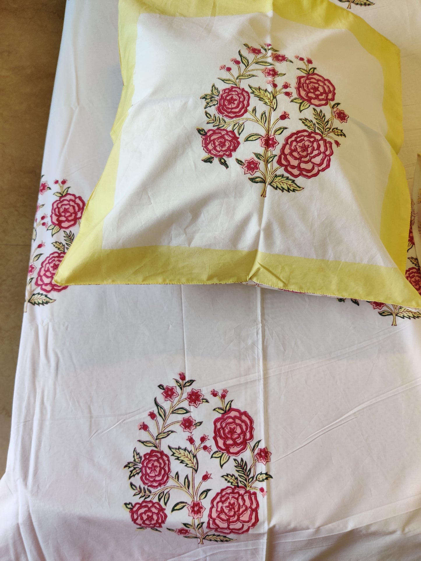 Premium Hand Block Printed Rose Floral COTTON Bedsheet with Reversible (2 Pillow+1 Cushion) Covers