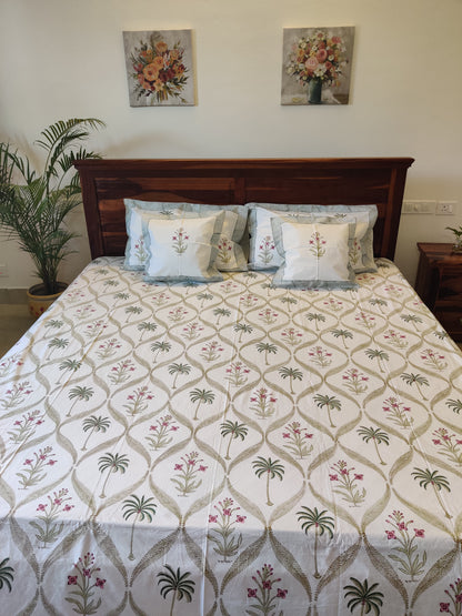 Premium Hand Block Printed Palm Tree COTTON Bedsheet with Reversible (2 Pillow+1 Cushion) Covers