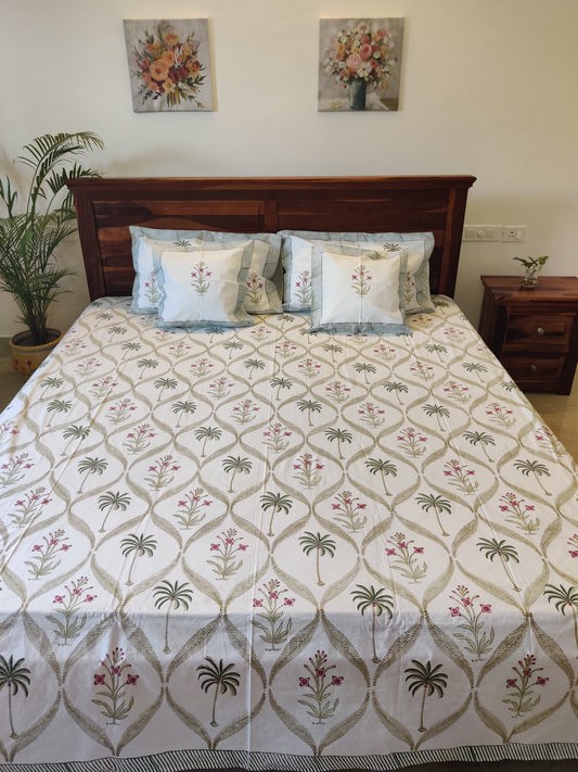 Premium Hand Block Printed Palm Tree COTTON Bedsheet with Reversible (2 Pillow+1 Cushion) Covers