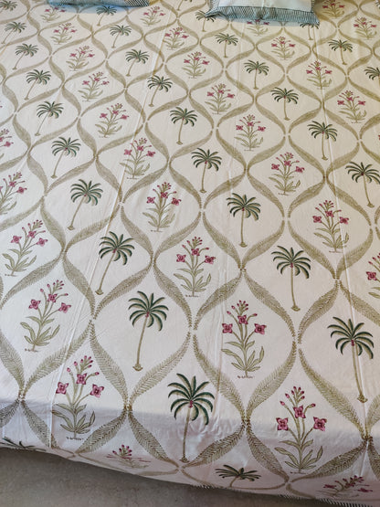 Premium Hand Block Printed Palm Tree COTTON Bedsheet with Reversible (2 Pillow+1 Cushion) Covers