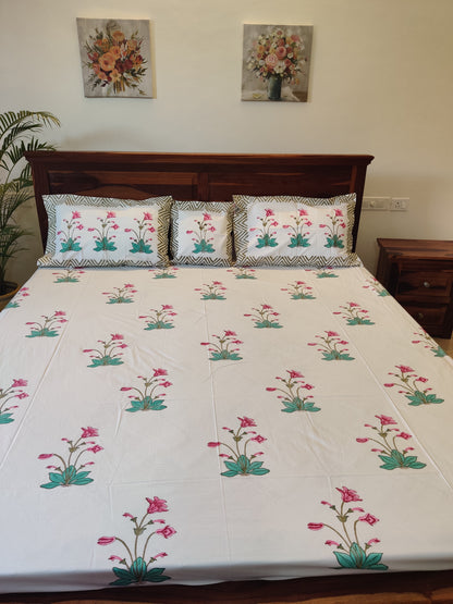 Premium Hand Block Printed pink floral COTTON Bedsheet with Reversible 2 Pillow Covers