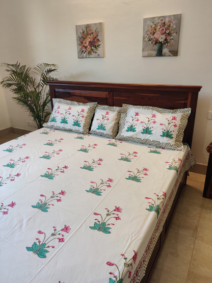 Premium Hand Block Printed pink floral COTTON Bedsheet with Reversible 2 Pillow Covers