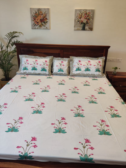 Premium Hand Block Printed pink floral COTTON Bedsheet with Reversible 2 Pillow Covers