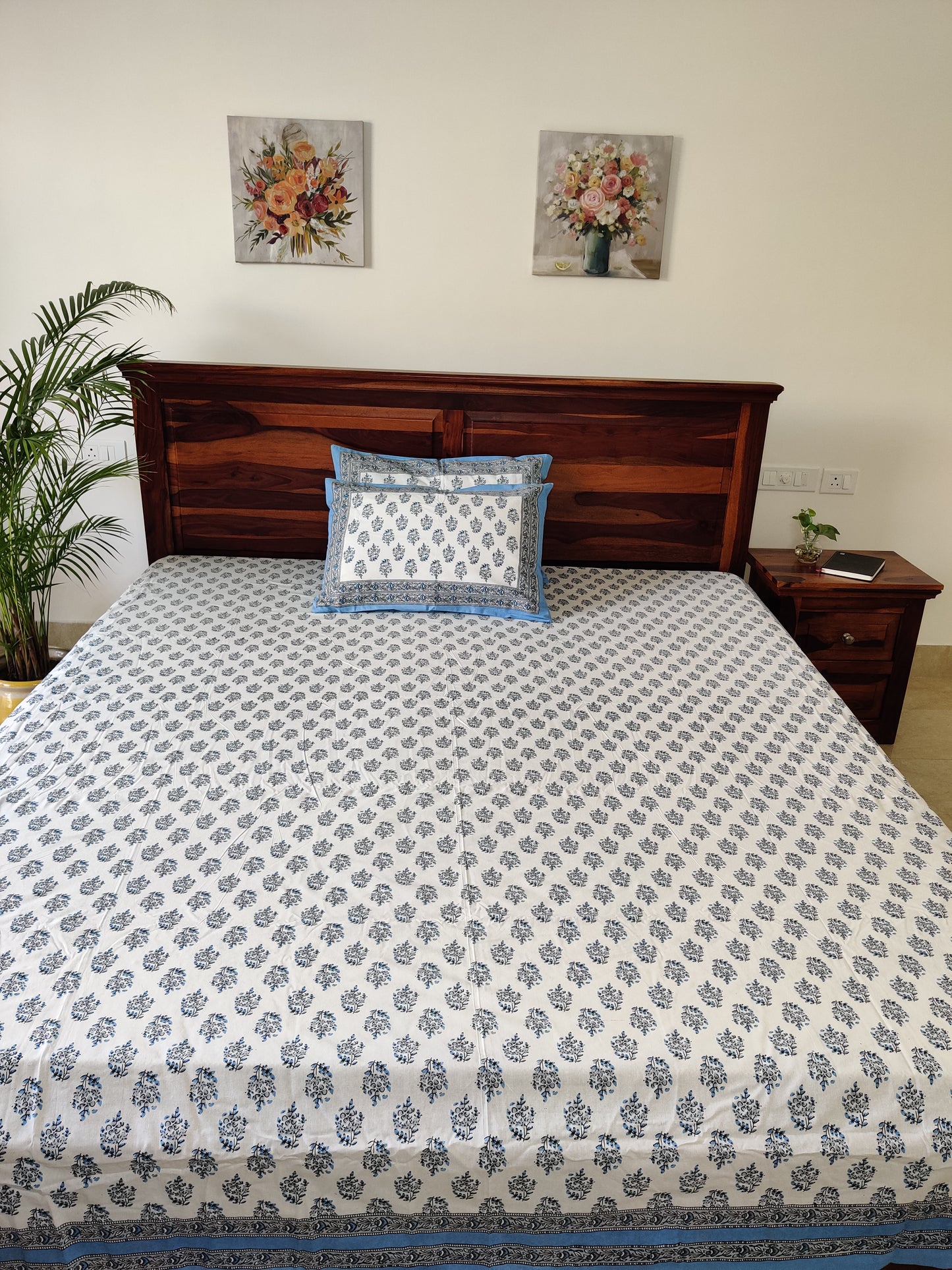 Kamali  Blue Floral COTTON Bedsheet with Two Reversible Pillow Covers