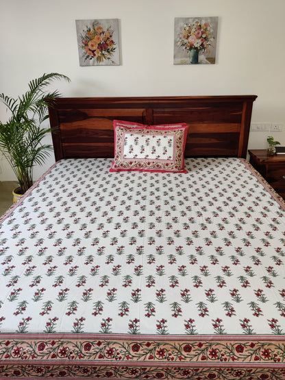 Kamali Maroon Floral COTTON Bedsheet with Two Reversible Pillow Covers