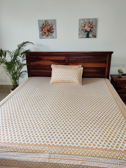 Kamali Yellow Geometrical COTTON Bedsheet with Two Reversible Pillow Covers