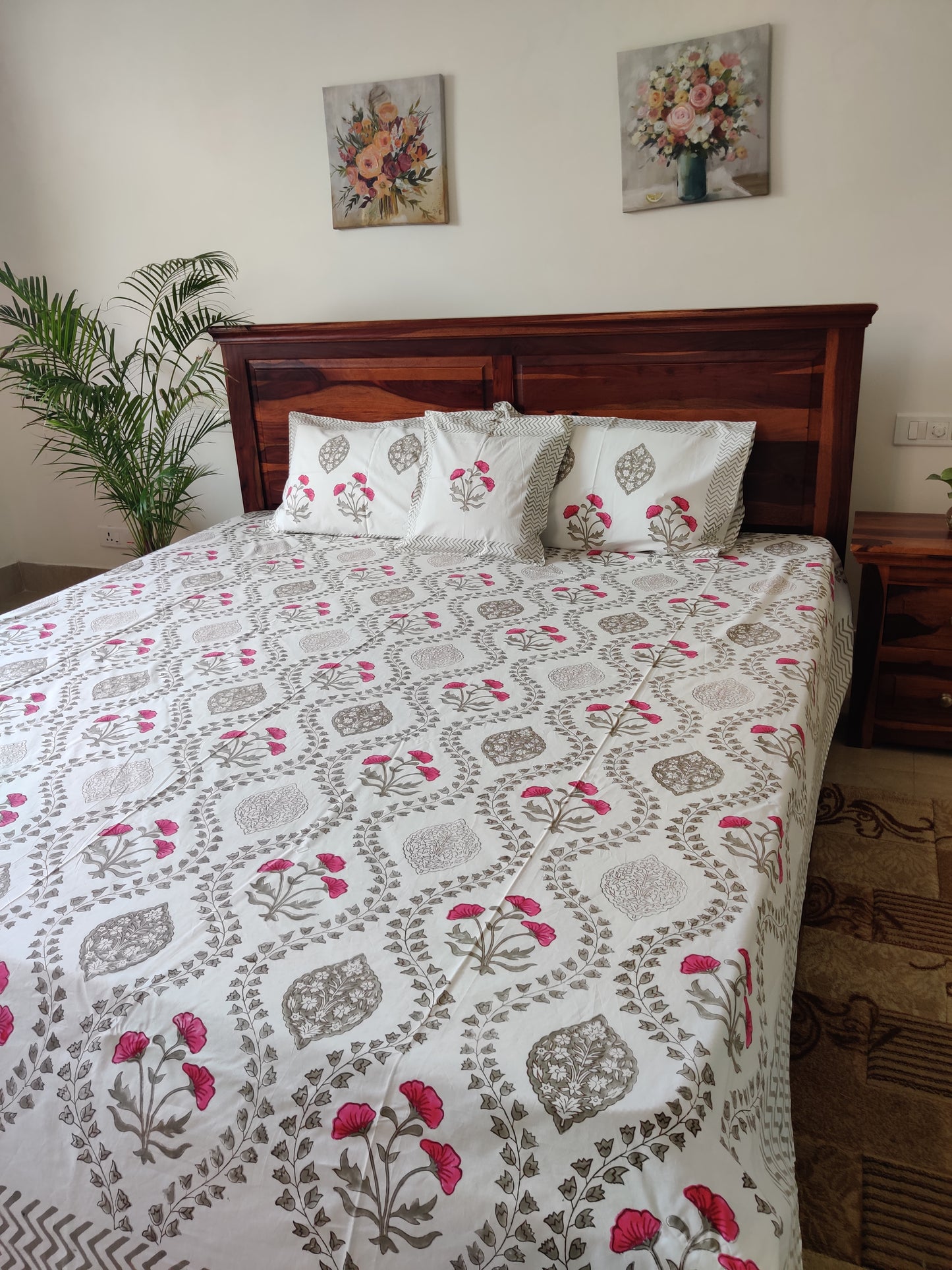 Premium Hand Block Printed Poppy Floral COTTON Bedsheet with Reversible 2 Pillow Covers