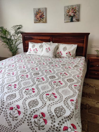 Premium Hand Block Printed Poppy Floral COTTON Bedsheet with Reversible 2 Pillow Covers