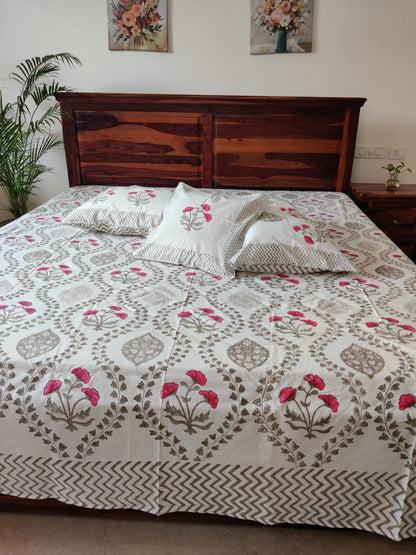 Premium Hand Block Printed Poppy Floral COTTON Bedsheet with Reversible 2 Pillow Covers