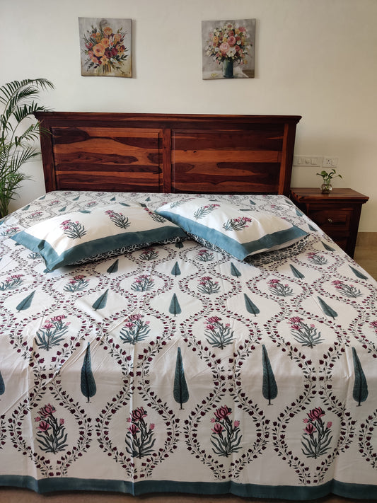 Premium Hand Block Printed Green Cypress and Floral COTTON Bedsheet with Reversible(2 Pillow +1 Cushion) Covers